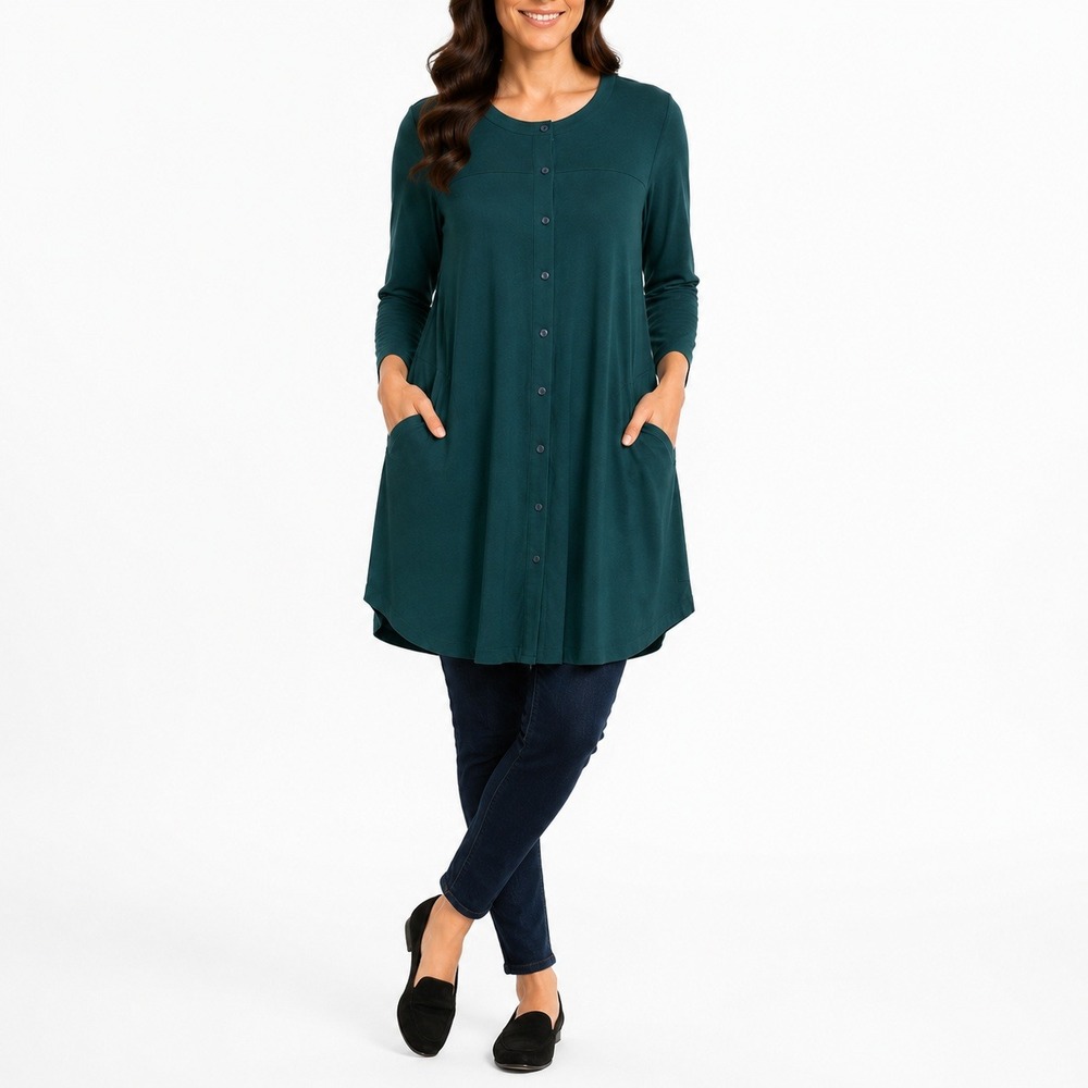 J. Jill Wearever XL Dark Teal Green Button Front Pocket Tunic 3/4 Sleeve Stretch